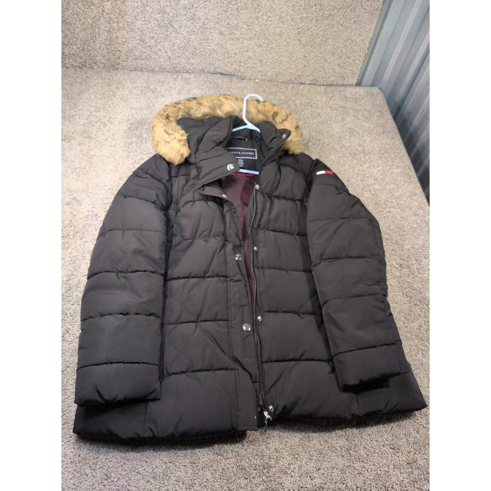 Tommy Hilfiger Womens Black Quilted Puffer Jacket Faux Fur Hood Size L Large